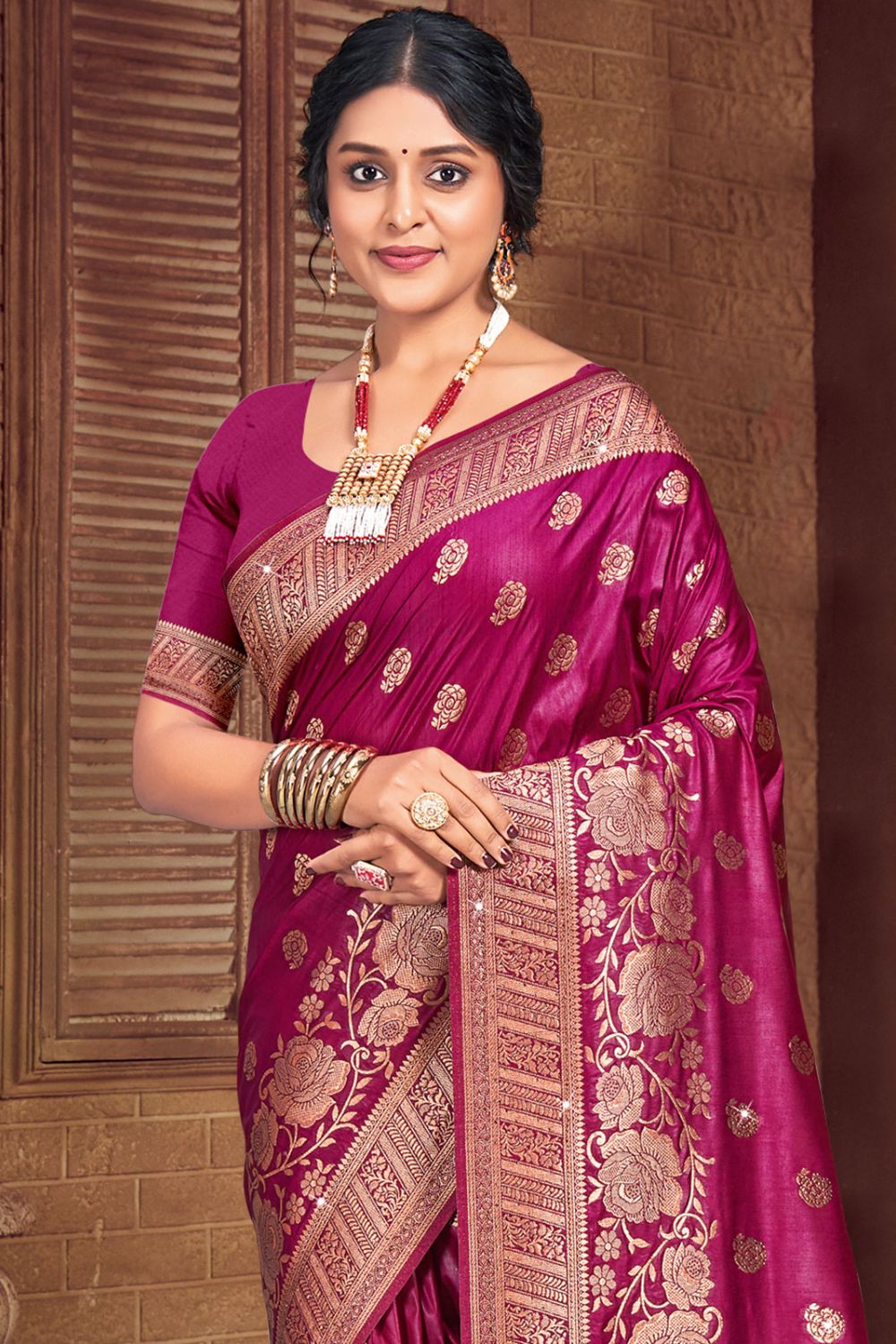 Magenta Silk Woven Work Saree