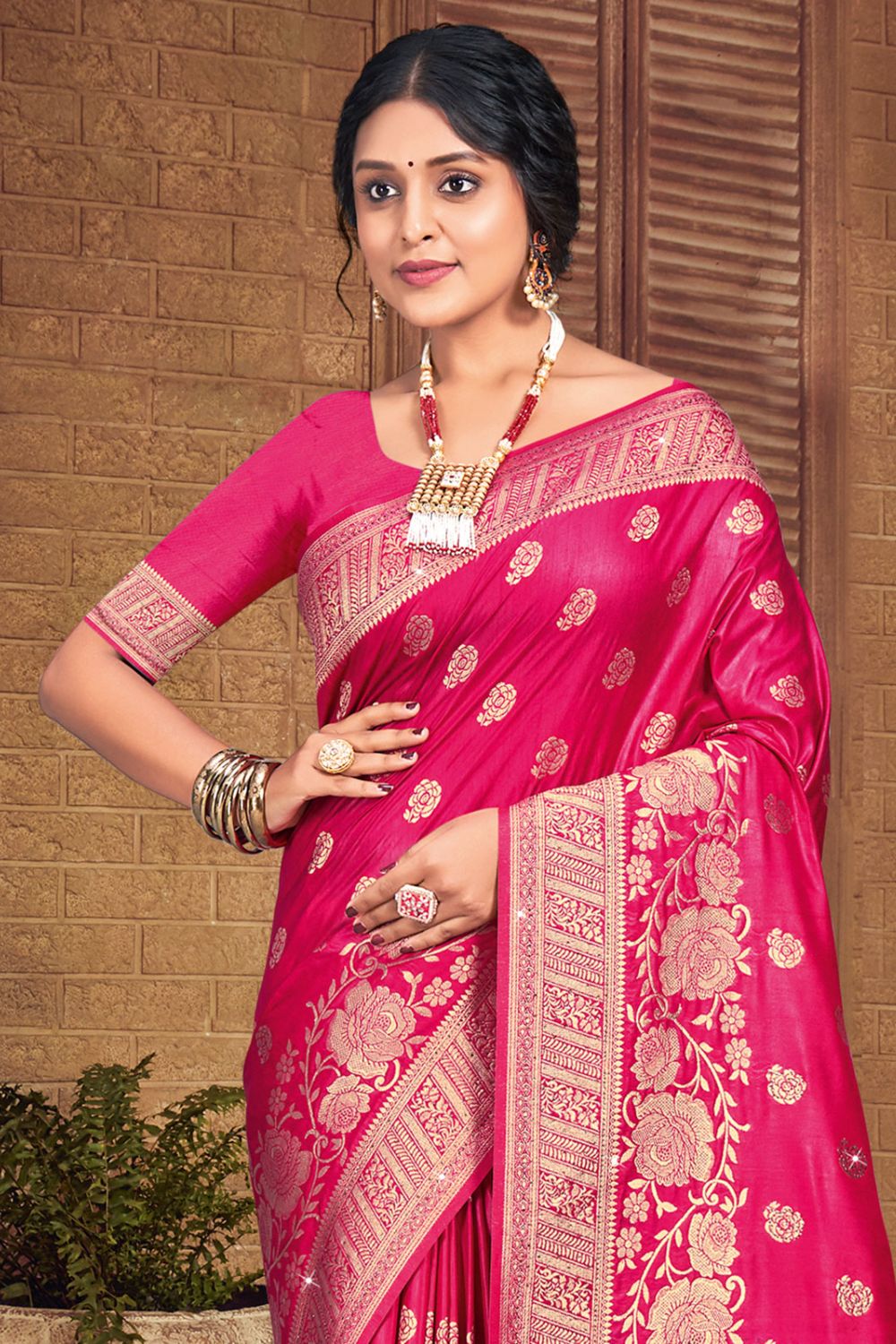 Fuchsia Silk Woven Work Saree