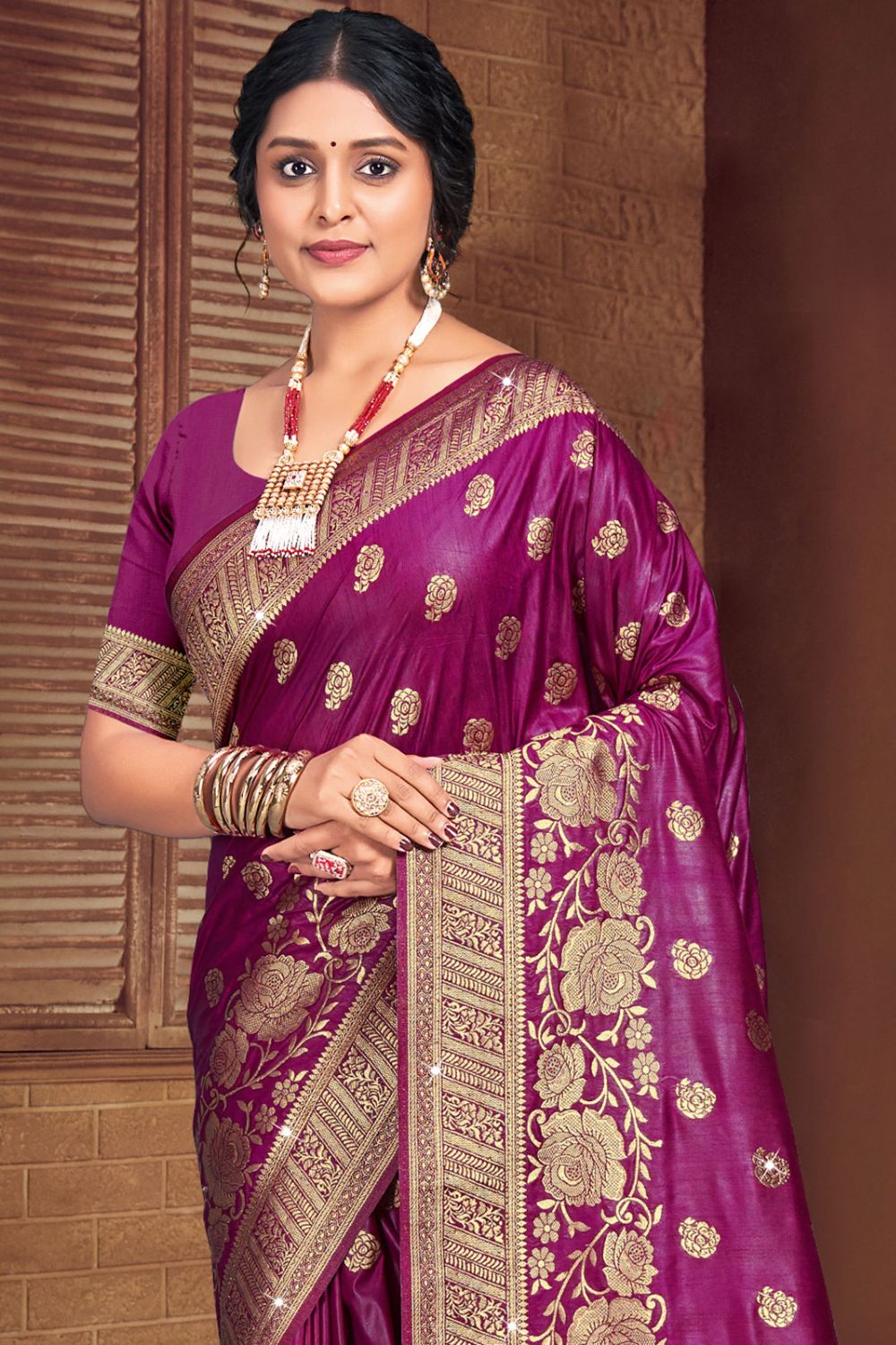 Wine Silk Woven Work Saree