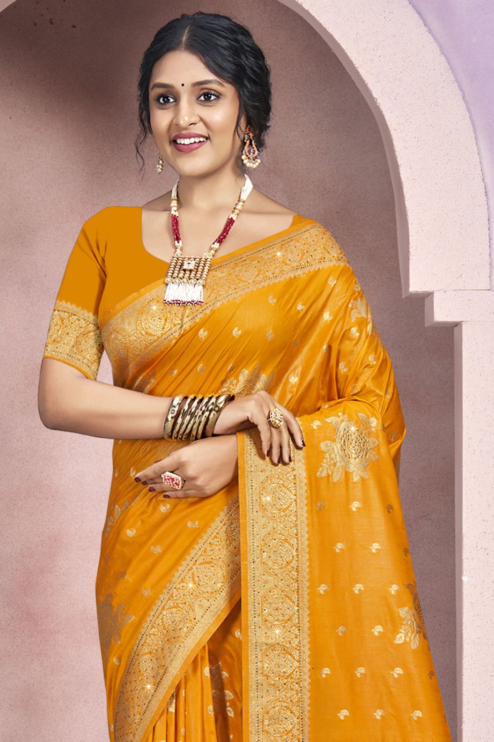 Golden Yellow Silk Woven Work Saree