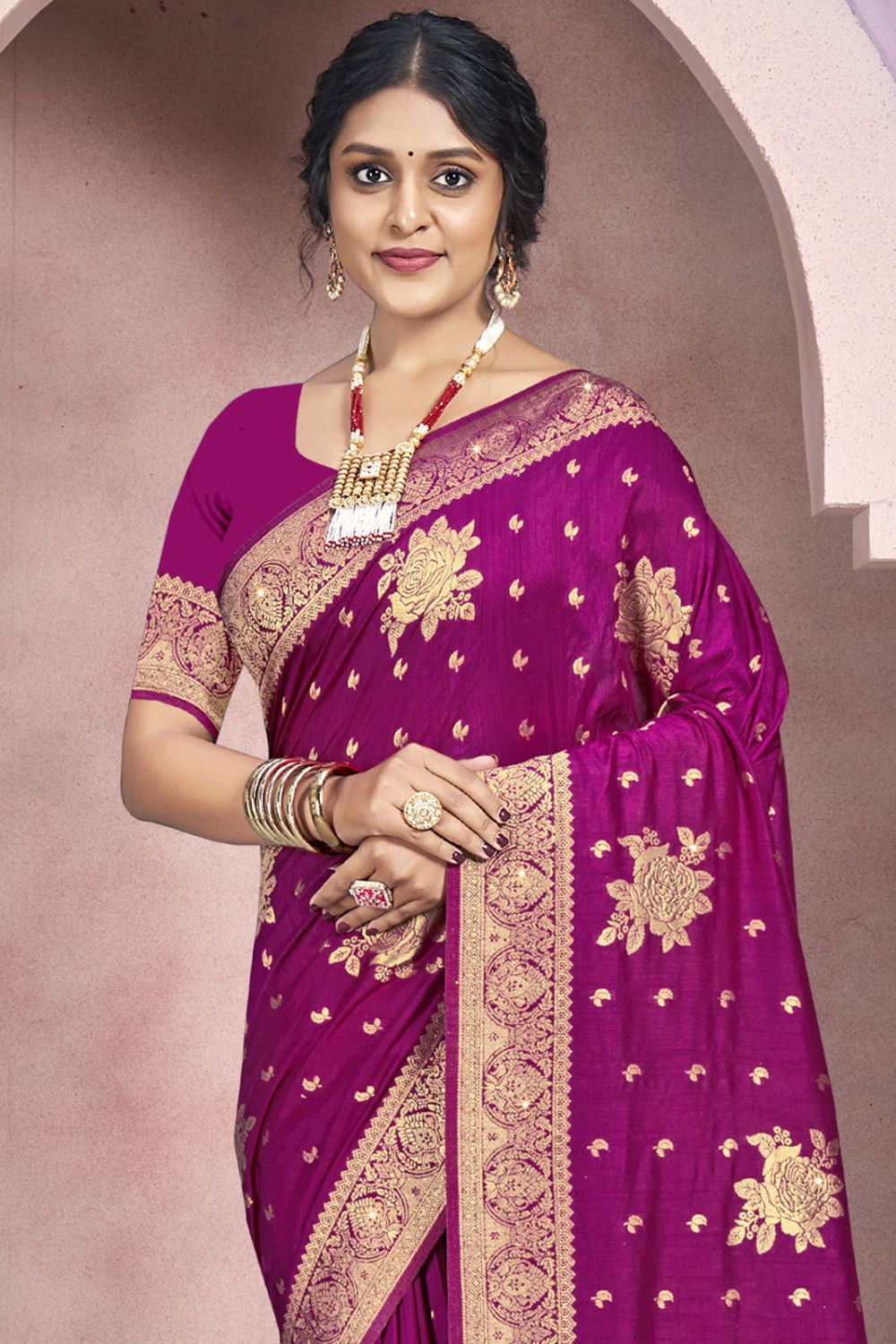 Magenta Silk Woven Work Saree