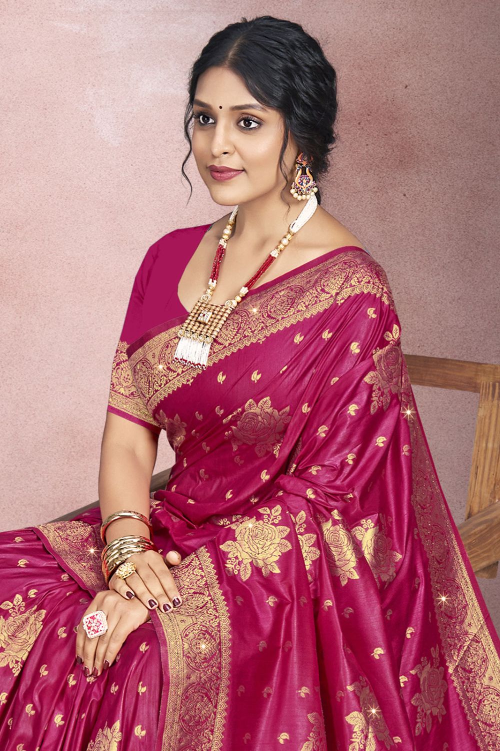 Wine Silk Woven Work Saree