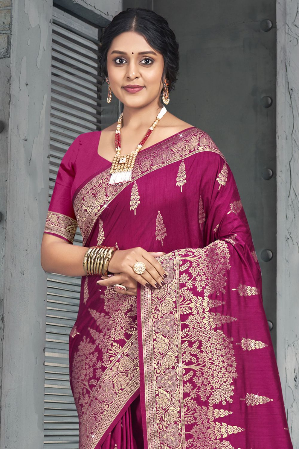 Wine Silk Woven Work Saree