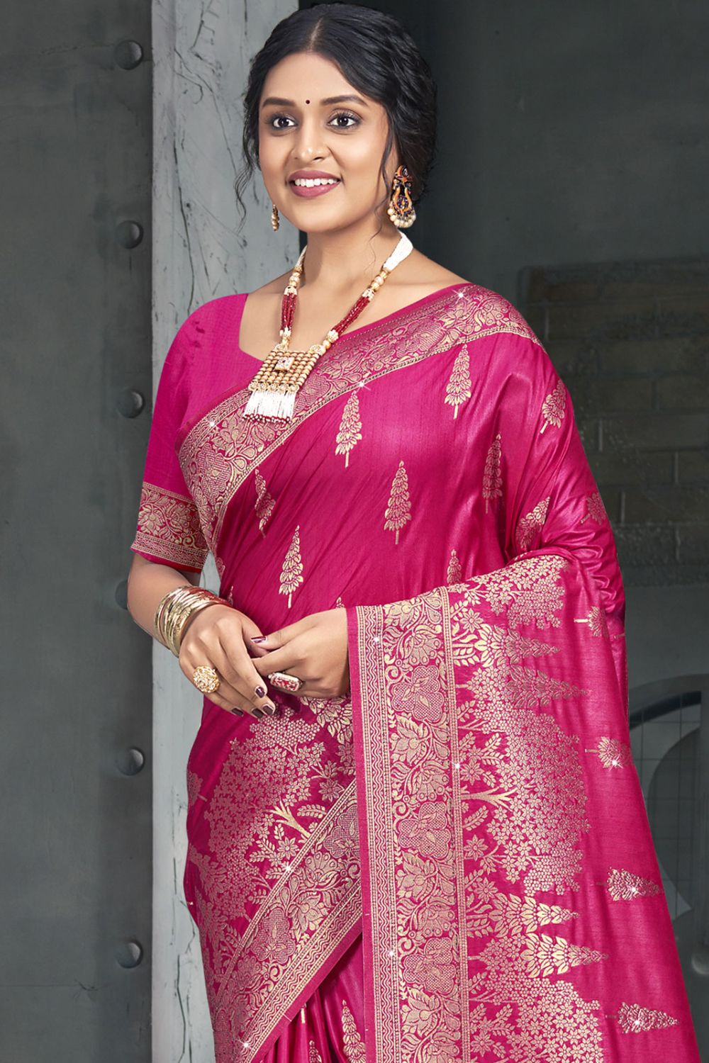 Rani Pink Silk Woven Work Saree