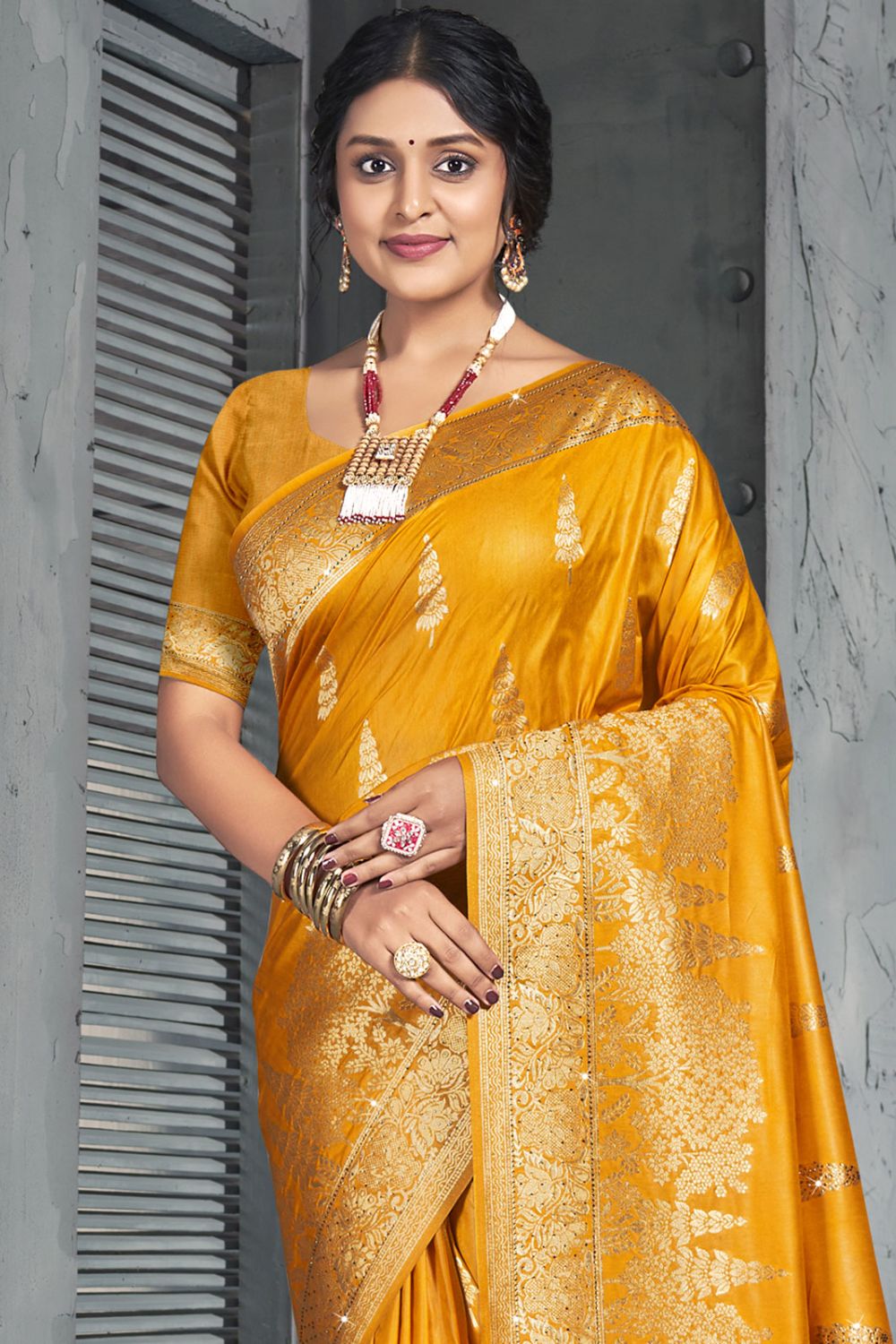 Mustard Yellow Silk Woven Work Saree