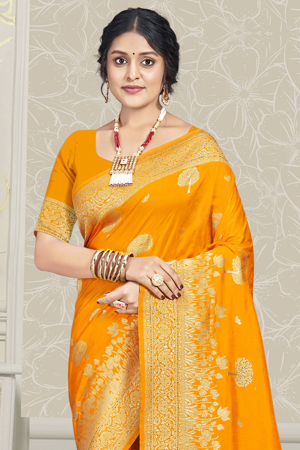 Golden Yellow Silk Woven Work Saree