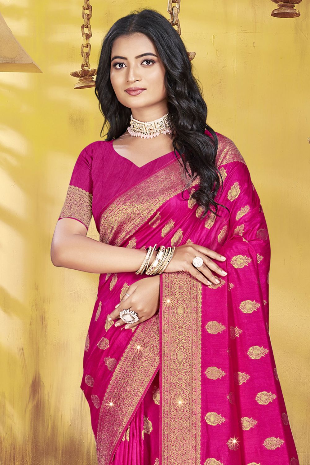 Rani Pink Silk Woven Work Saree