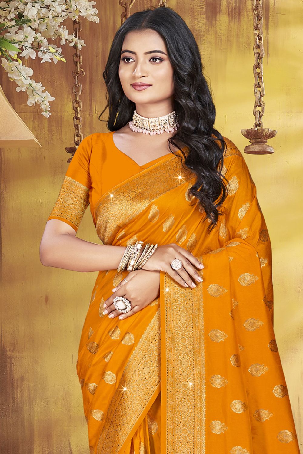 Mustard Yellow Silk Woven Work Saree