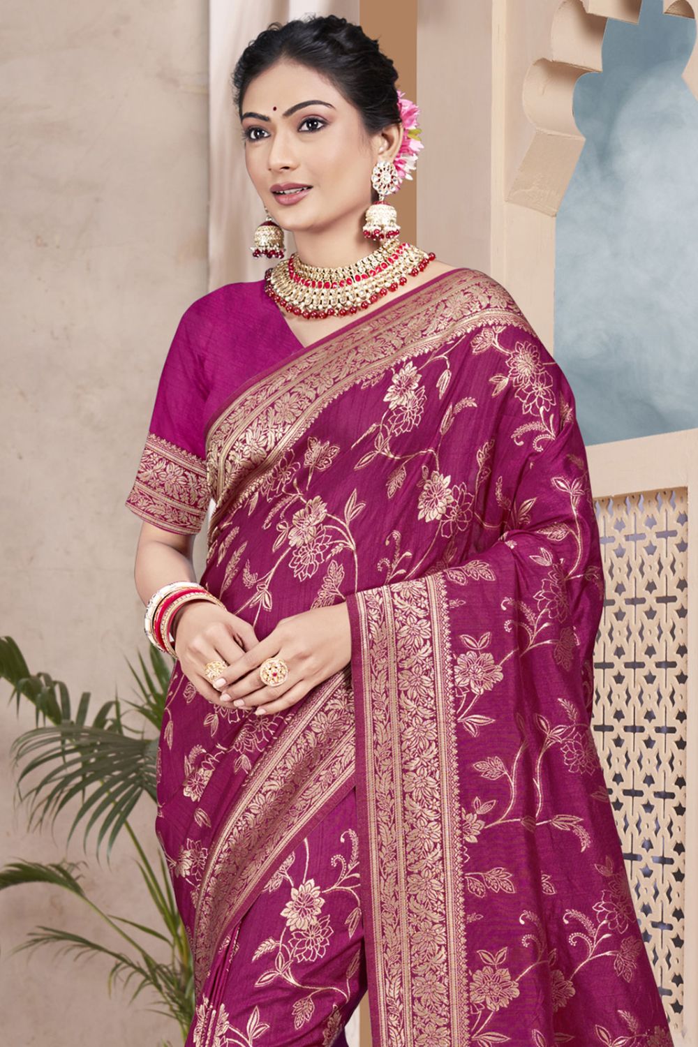 Wine Silk Woven Work Saree