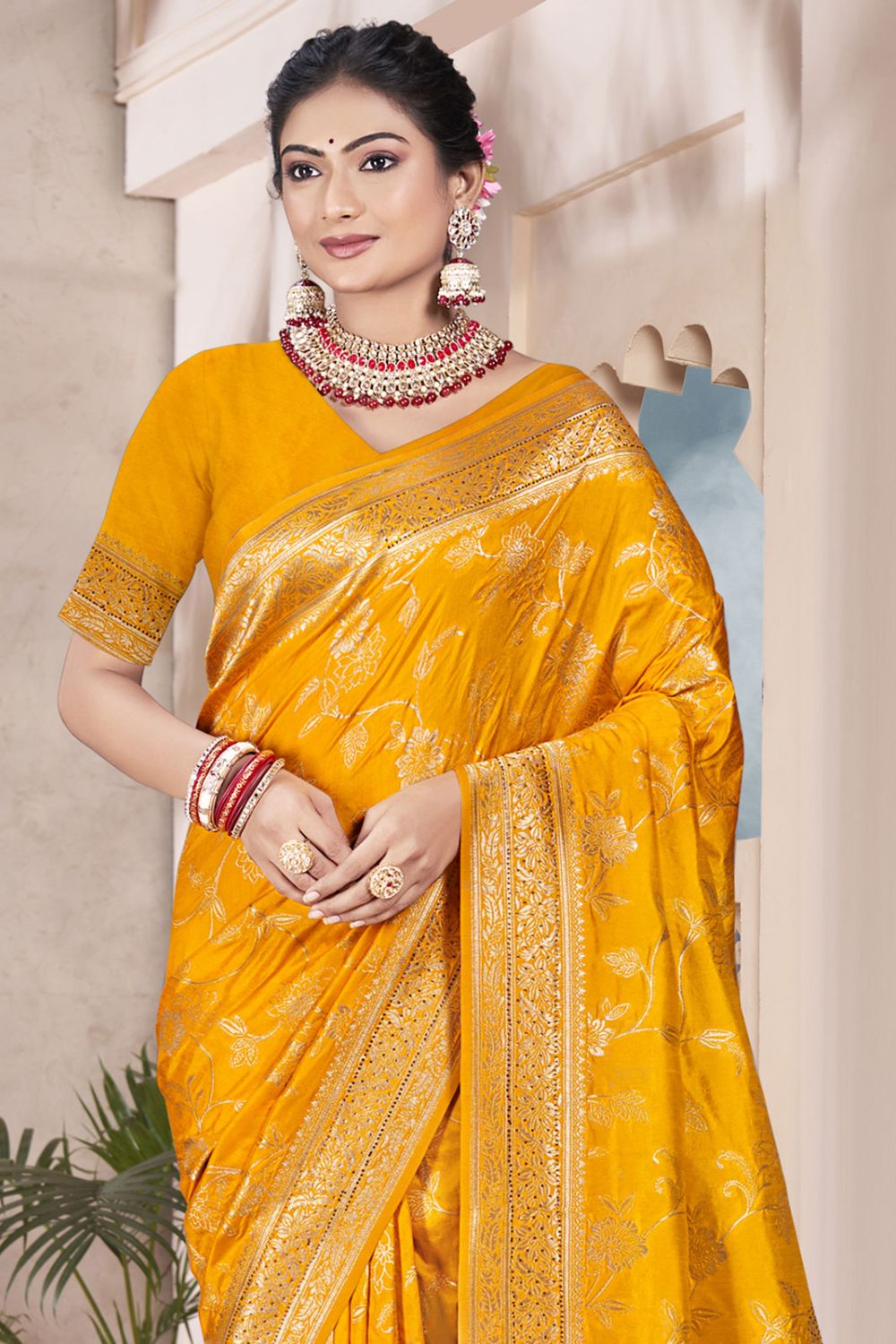 Golden Yellow Silk Woven Work Saree