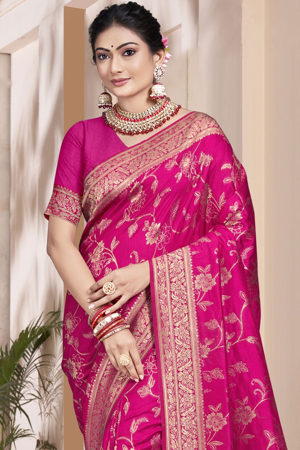 Rani Pink Silk Woven Work Saree