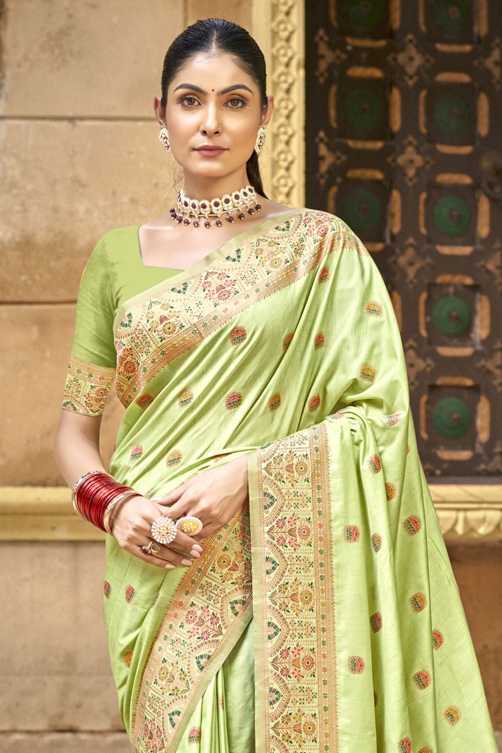 Pista Green Silk Woven Saree