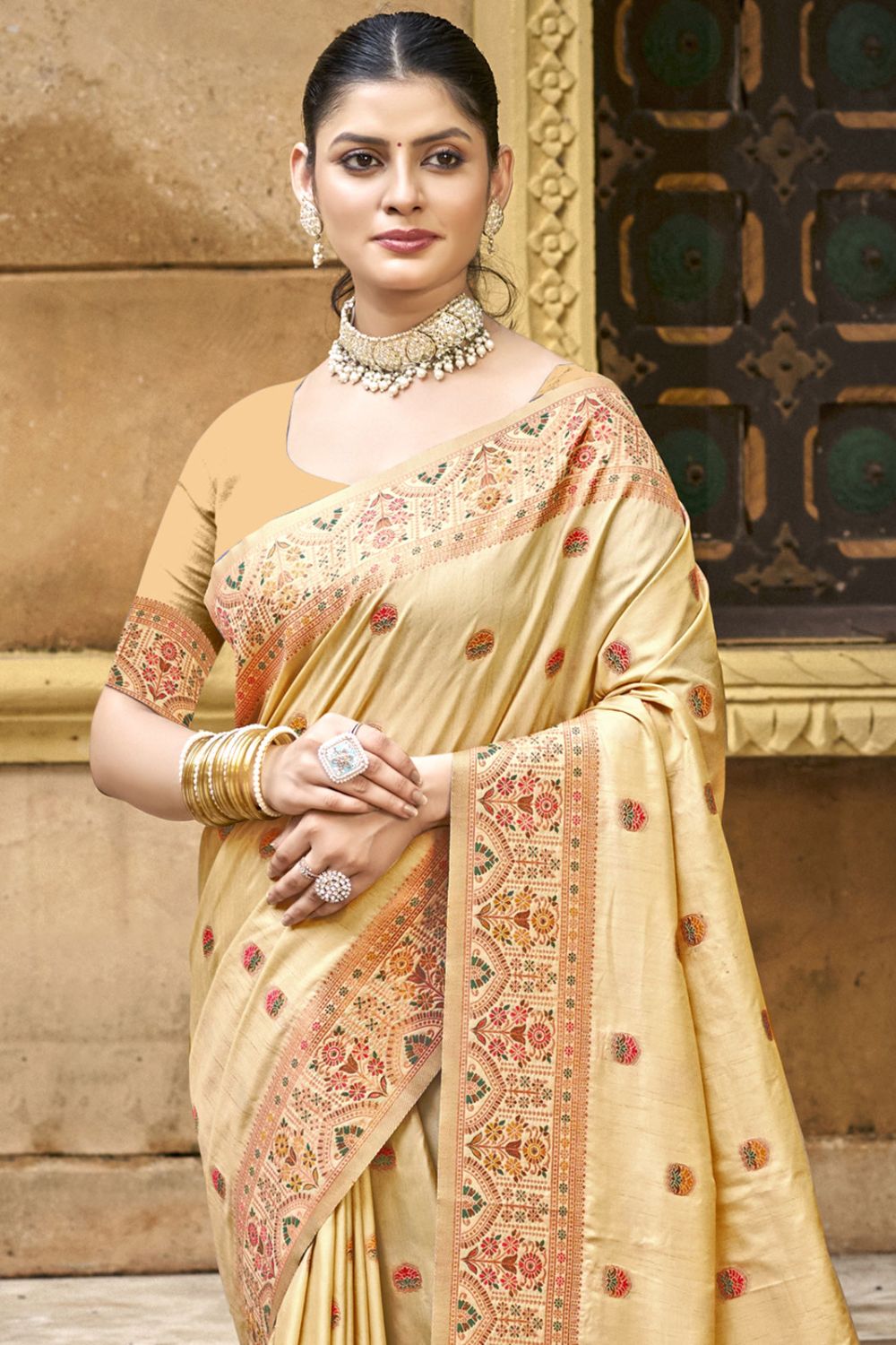 Beige Silk Woven Saree