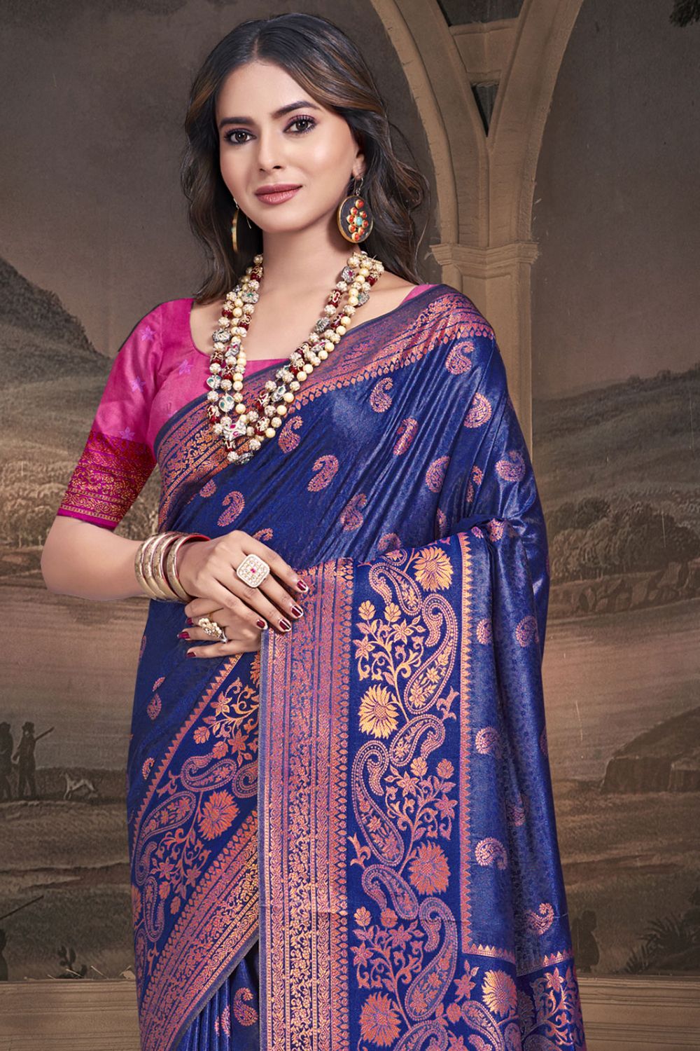 Royal Blue Silk Woven Work Saree