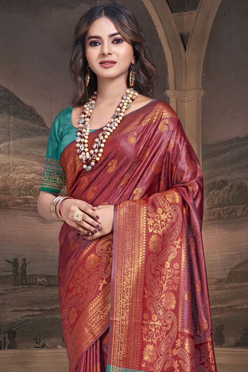 Maroon Silk Woven Work Saree