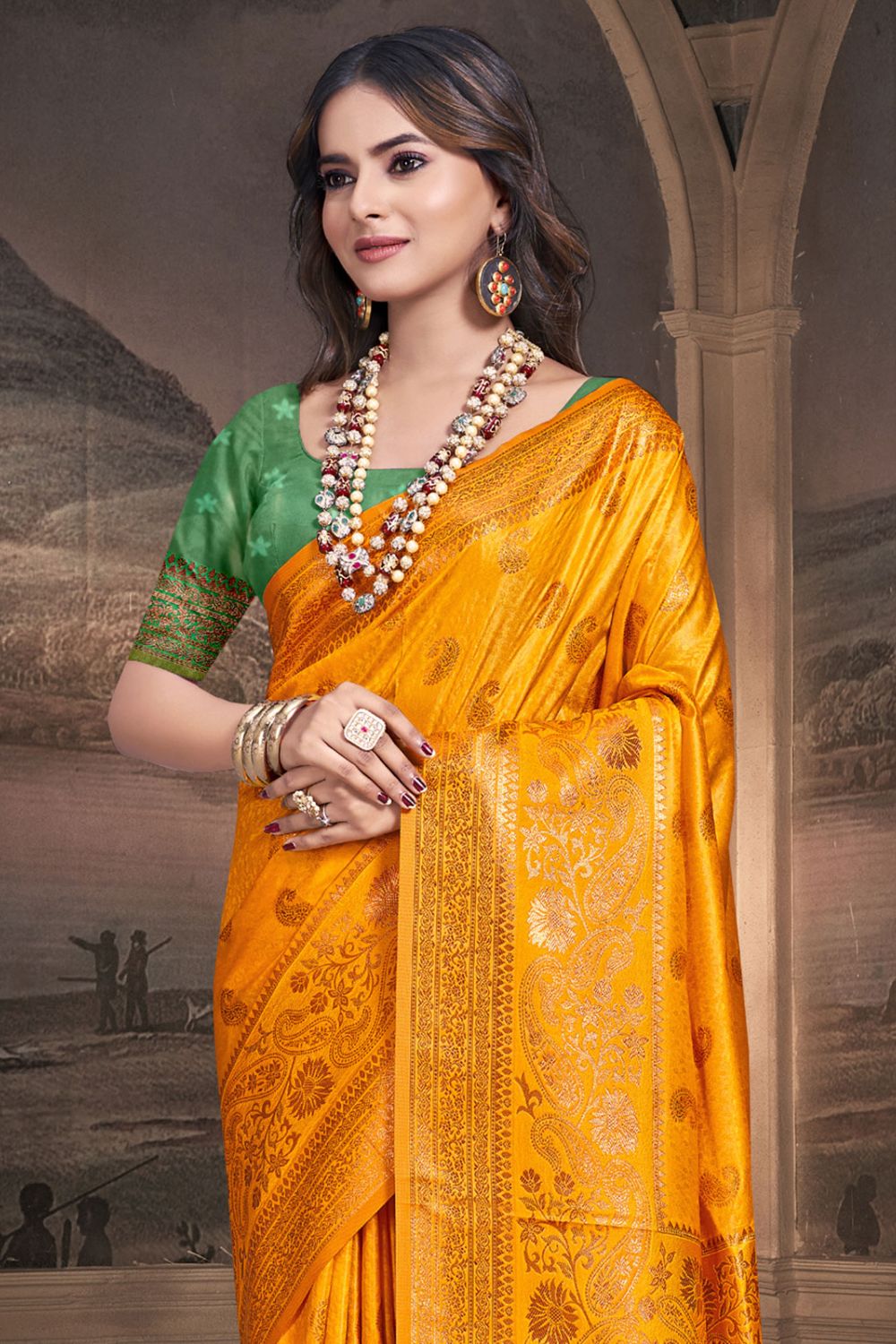 Golden Yellow Silk Woven Work Saree