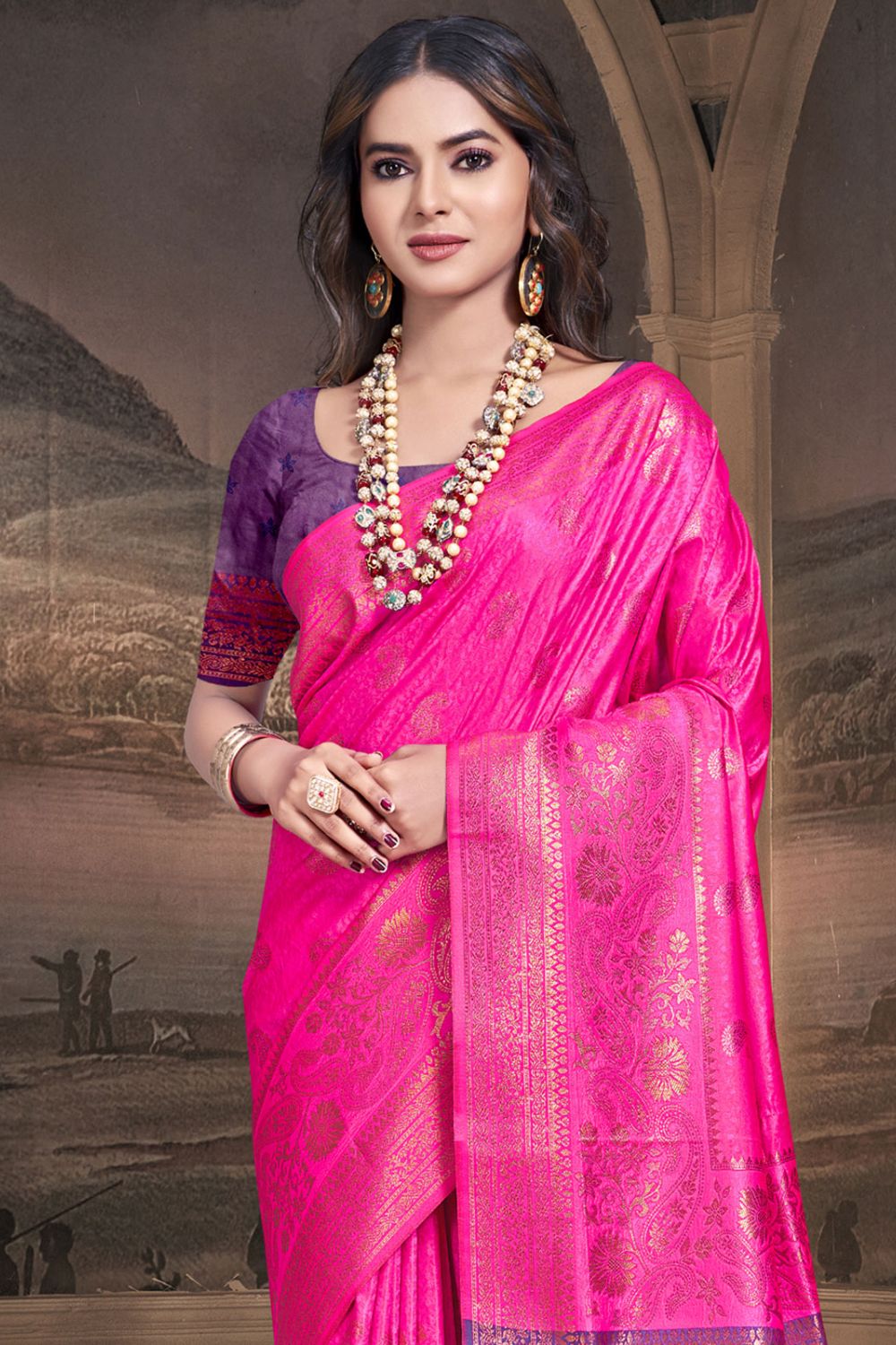 Rani Pink Silk Woven Work Saree