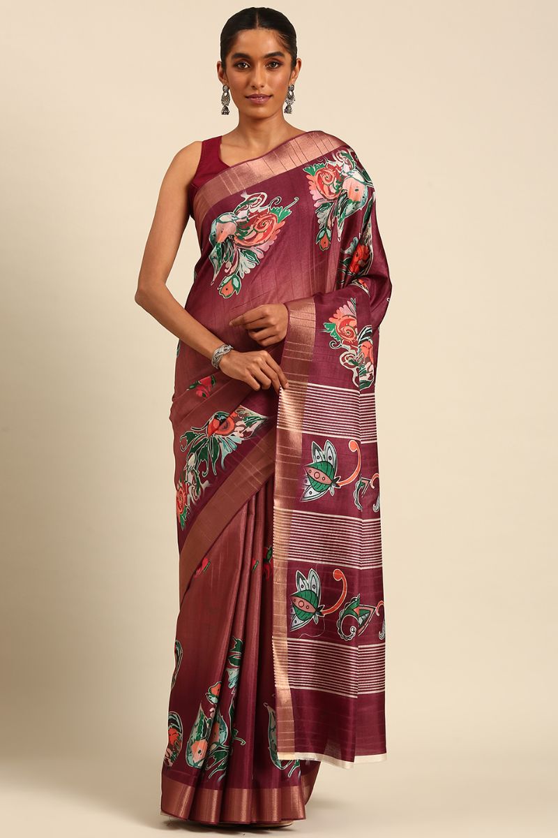 Burgundy Cotton Digital Print Saree