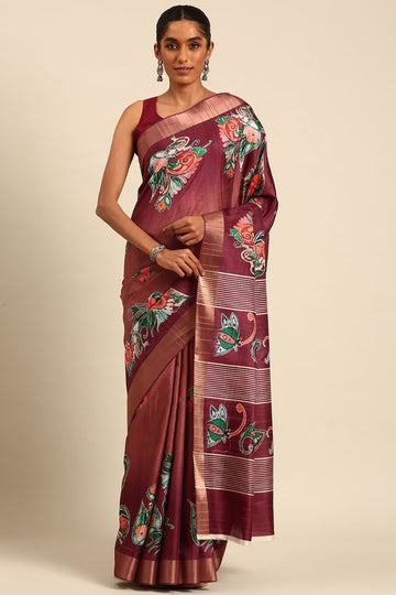 Burgundy Digital Printed Cotton Saree