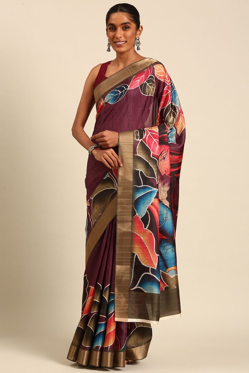 Burgundy Cotton Digital Print Saree