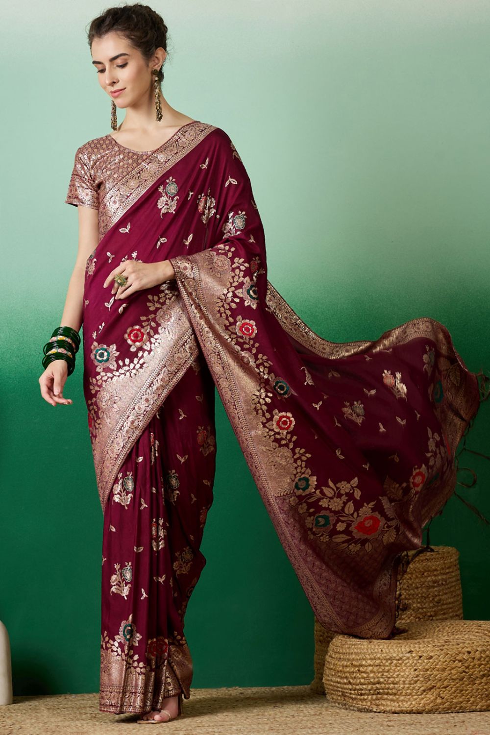 Burgundy Dola Jacquard Zari Woven Saree for Party