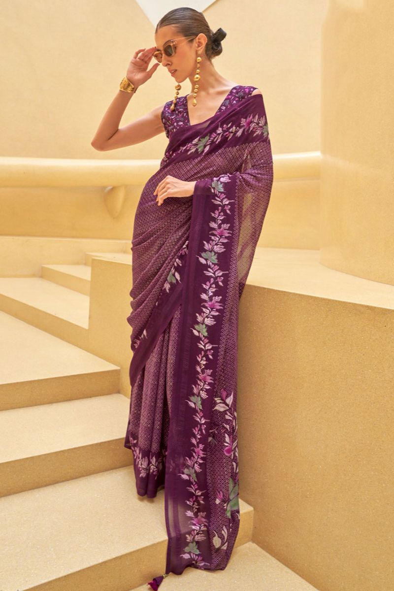 Burgundy Georgette Saree with Floral Print