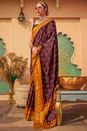 Burgundy Foil Print Silk Saree for Party