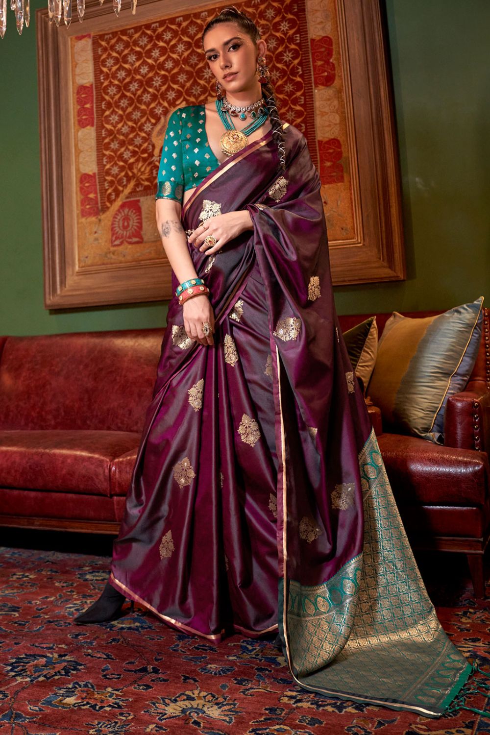 Burgundy Handloom Weaving Satin Saree for Party