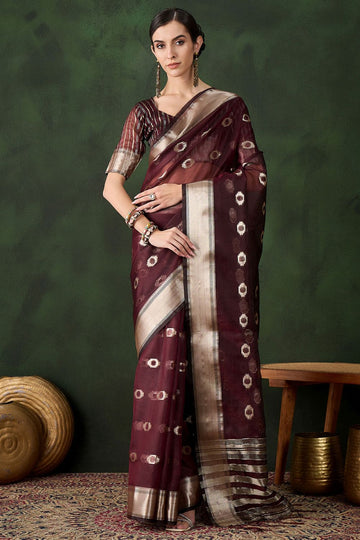 Burgundy Organza Saree for Party