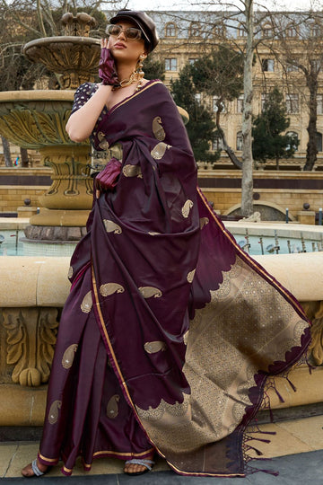 Burgundy Pure Handloom Weaving Satin Silk Party Wear Saree