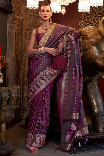 Burgundy Pure Satin Designer Handloom Weaving Saree