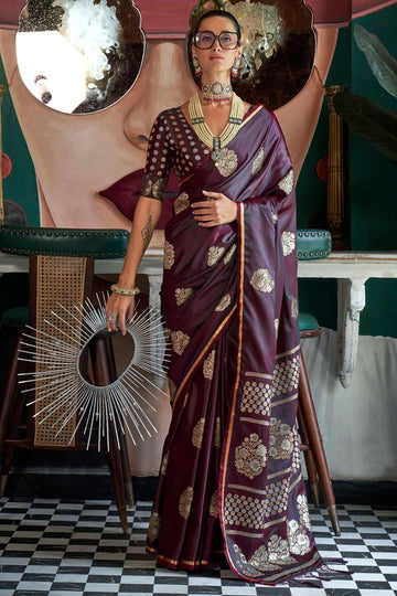 Burgundy Satin Handloom Weaving Silk Saree for Party