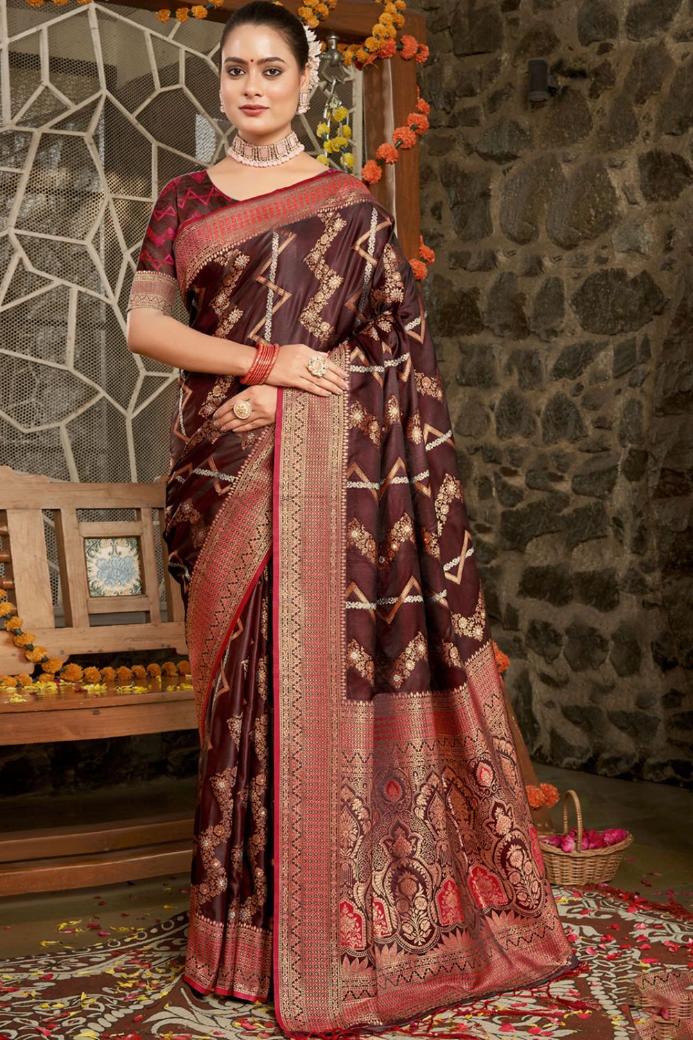 Burgundy Silk Zari Woven Saree