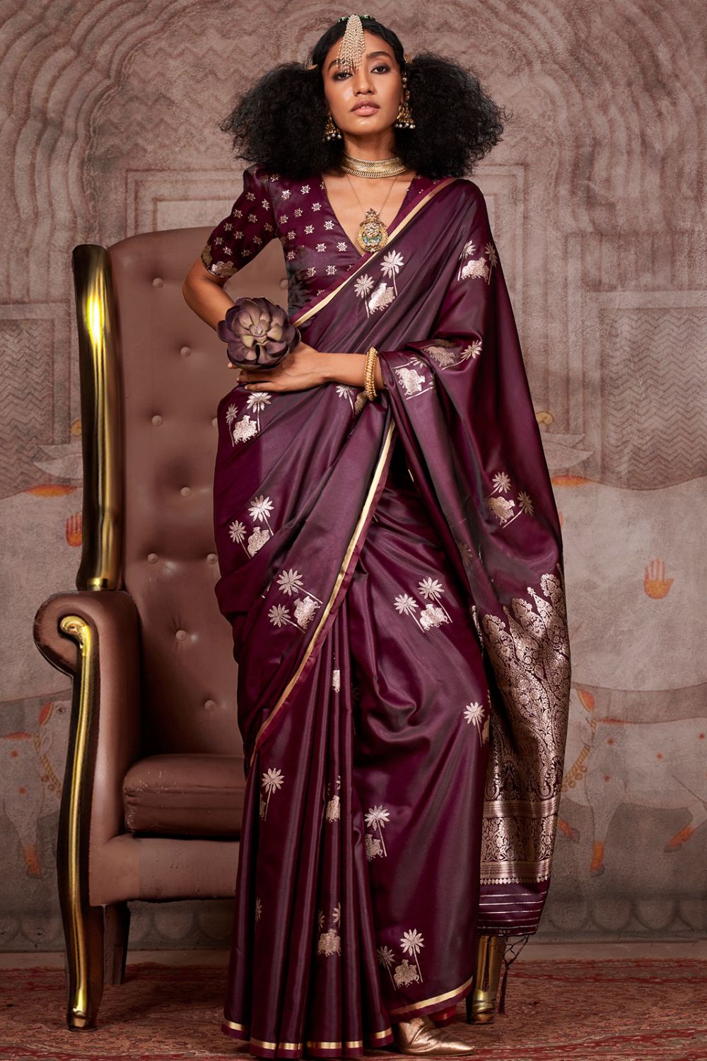 Burgundy Weaving Work Pure Satin Silk Saree