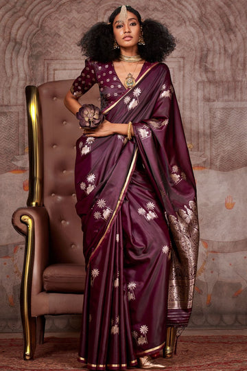 Burgundy Weaving Work Pure Satin Silk Saree