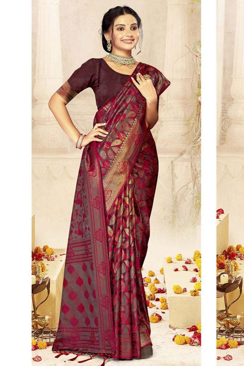 Burgundy Woven Satin Silk Saree