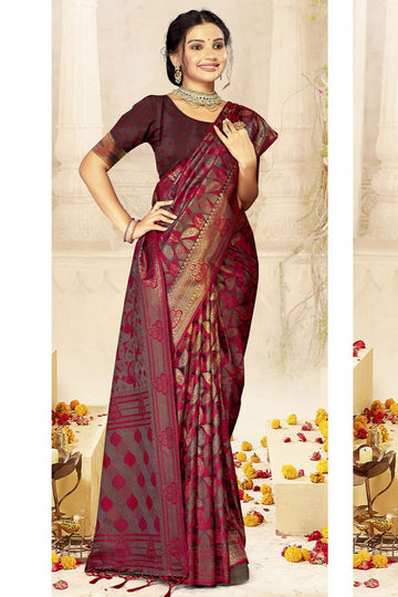 Burgundy Weaving Work Satin Silk Saree