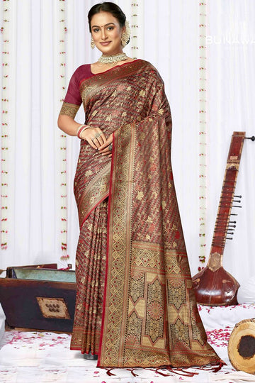 Burgundy Woven Satin Silk Saree