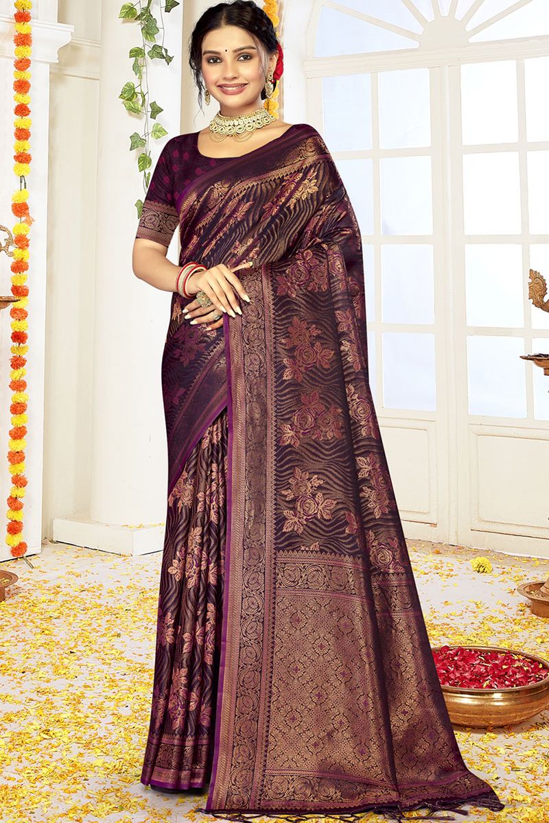 Burgundy Woven Satin Silk Saree