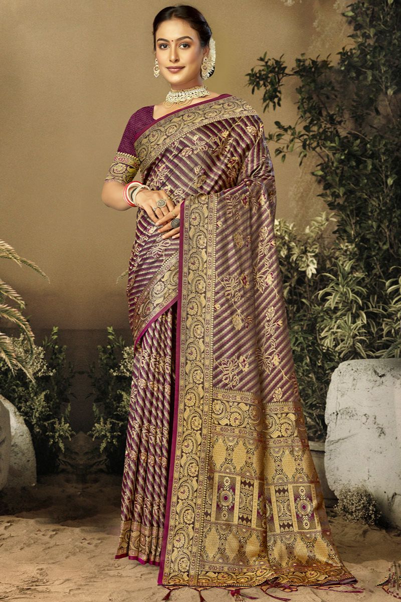 Burgundy Woven Satin Silk Saree