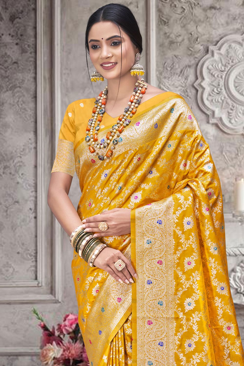 Golden Yellow Silk Woven Work Saree