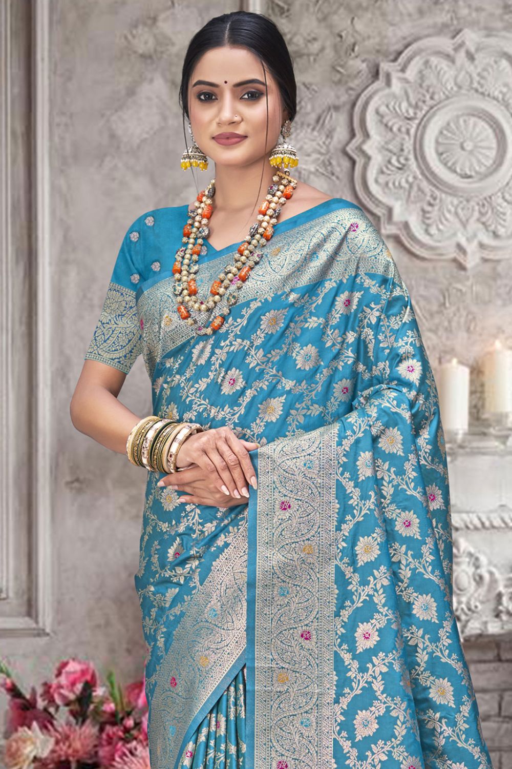 Sky Blue Silk Woven Work Saree