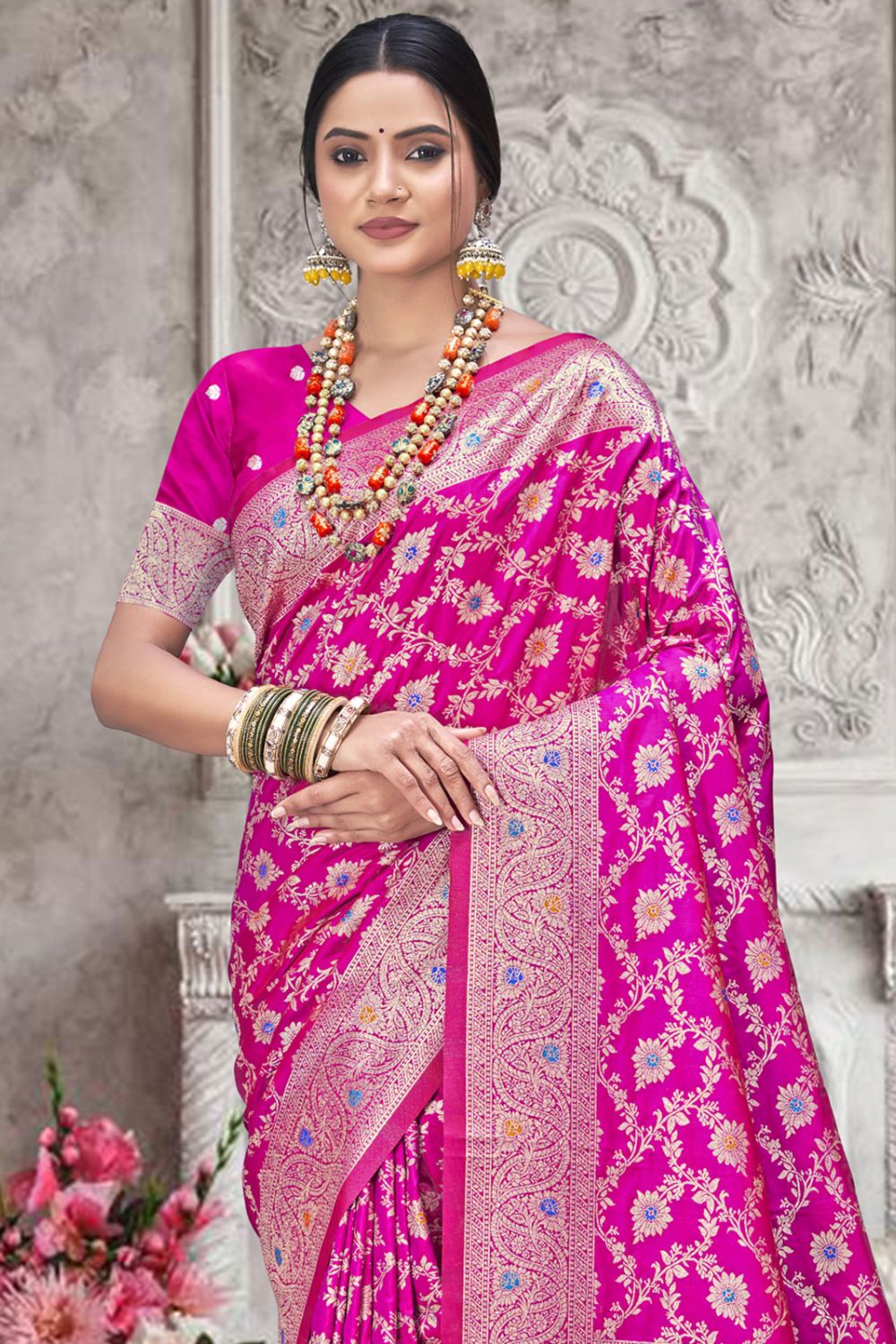 Rani Pink Silk Woven Work Saree