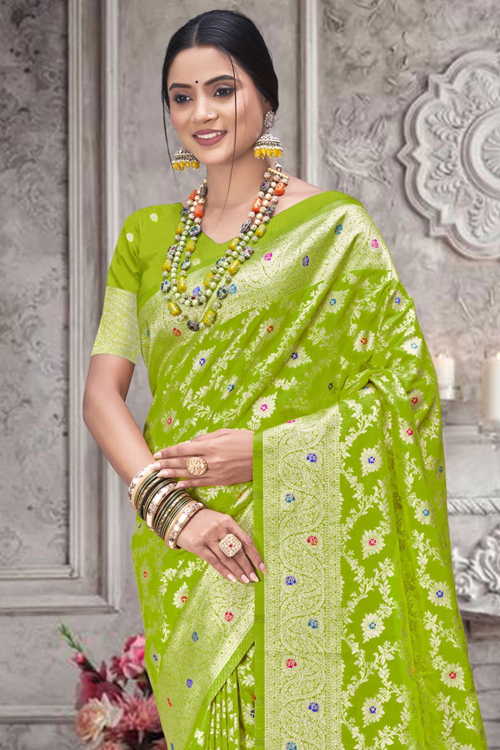 Parrot Green Silk Woven Work Saree