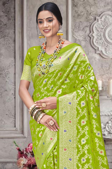 Parrot Green Weaving Work Silk Saree