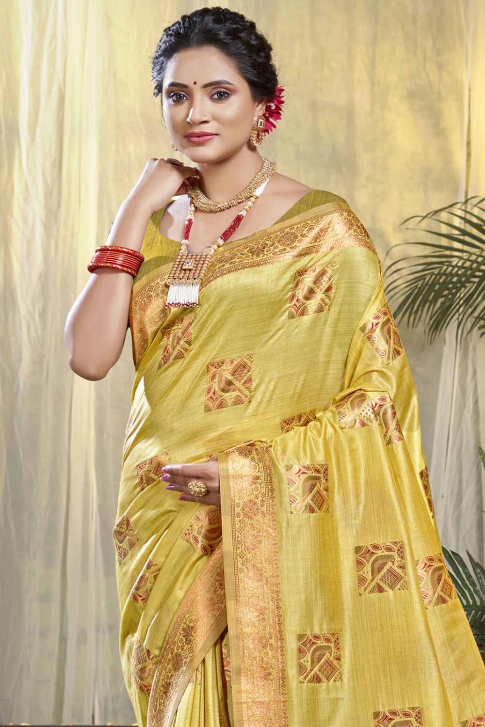 Corn Yellow Silk Woven Work Saree