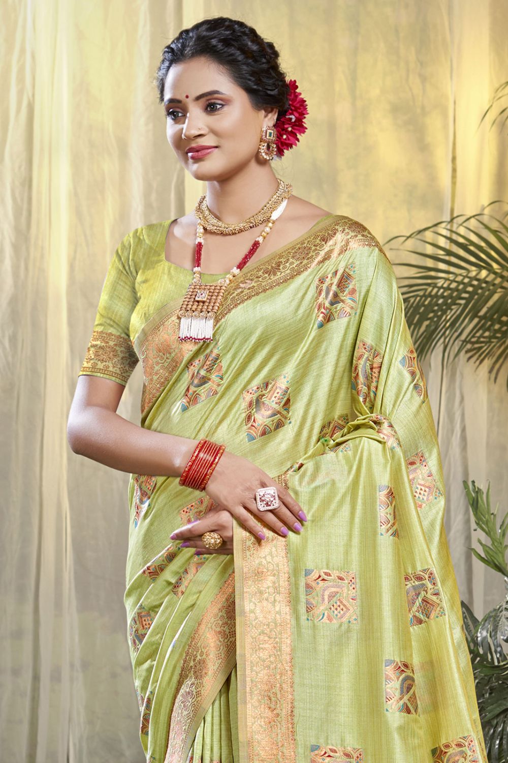 Pista Green Silk Woven Work Saree