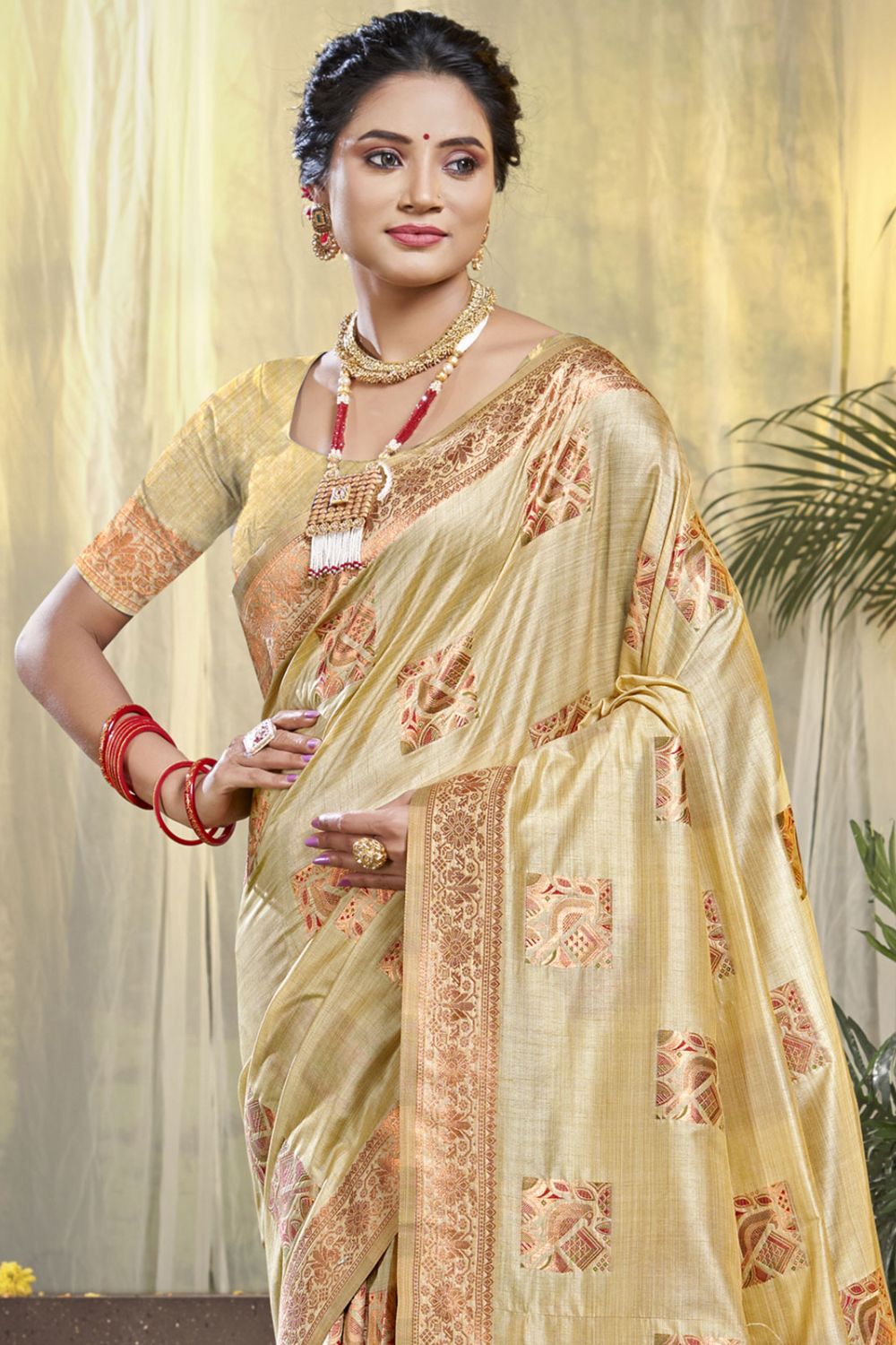 Beige Silk Woven Work Saree