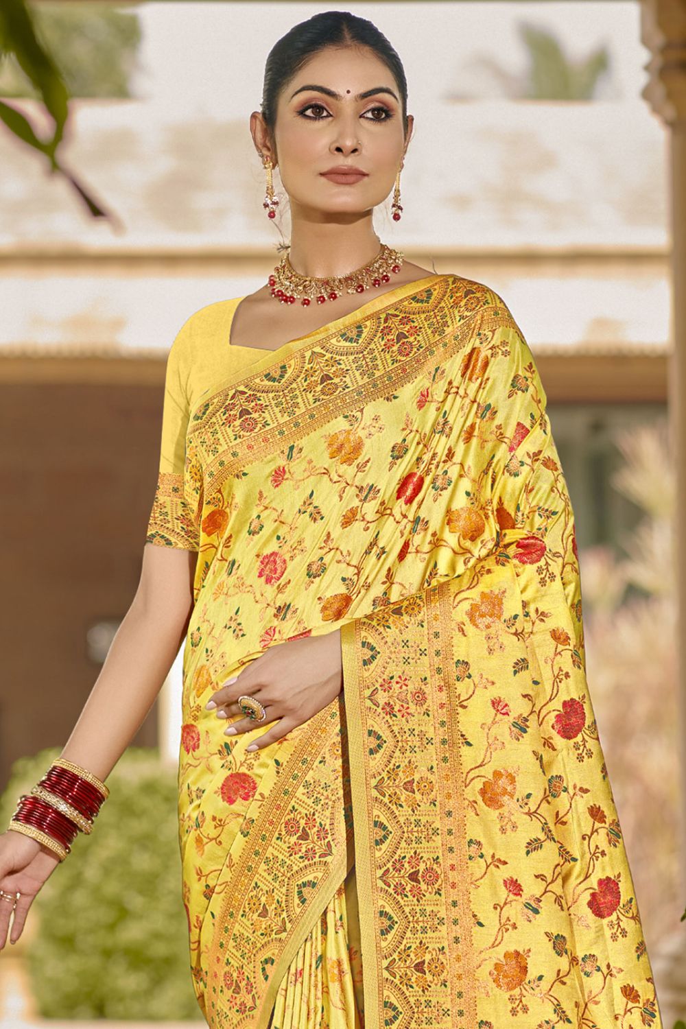 Yellow Silk Woven Work Saree