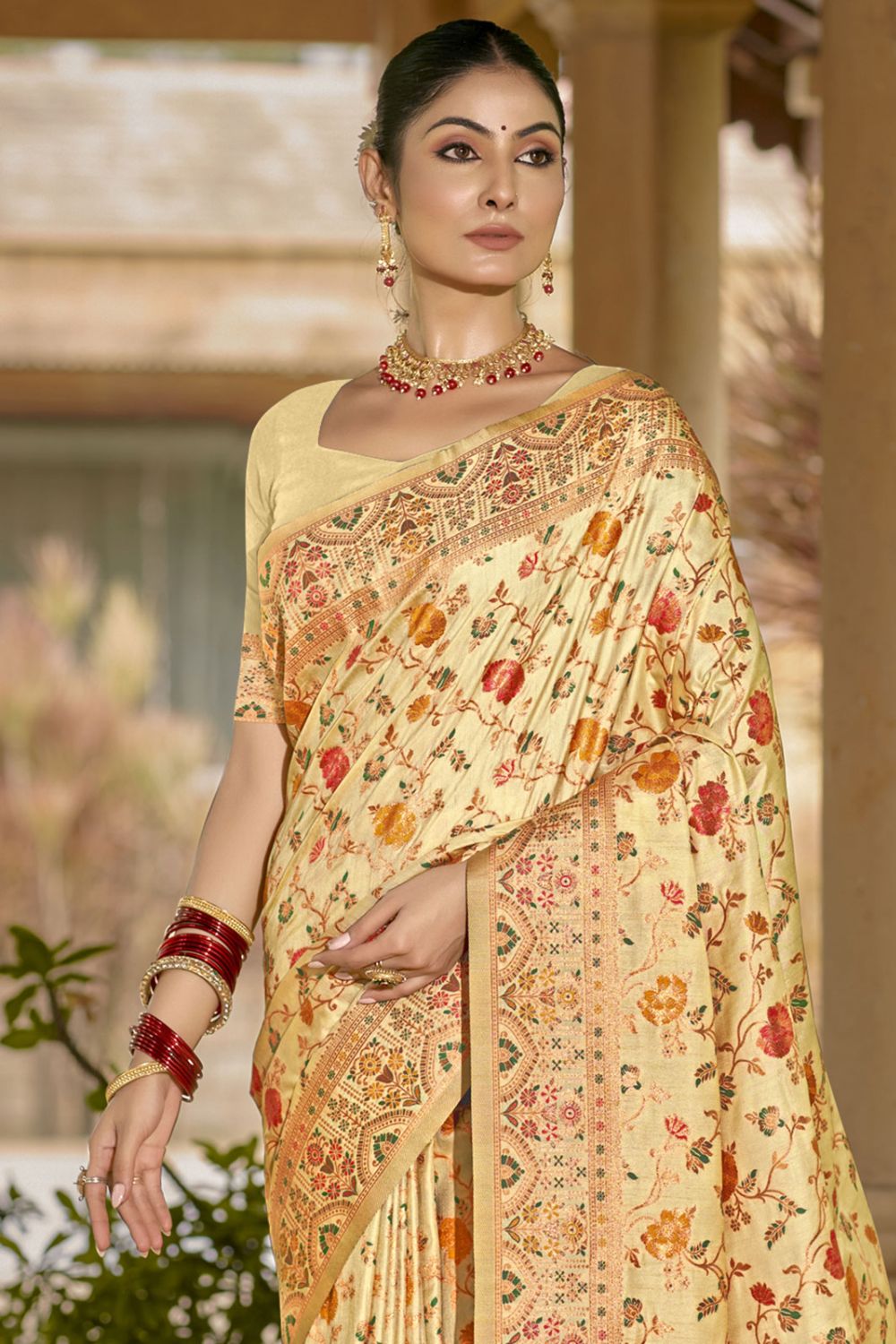 Cream Silk Woven Work Saree